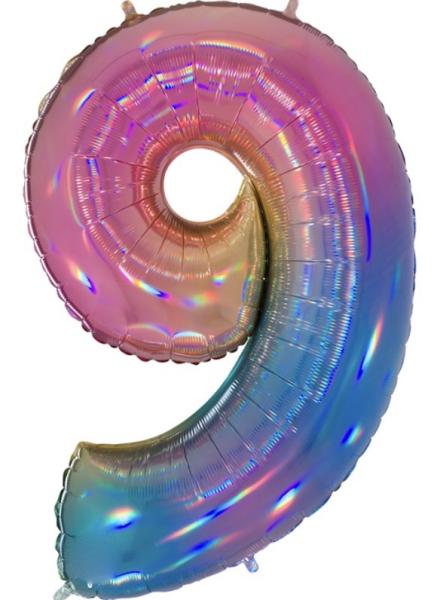 Folienballon - Zahl 9: Regenbogenfarben - ø 102cm